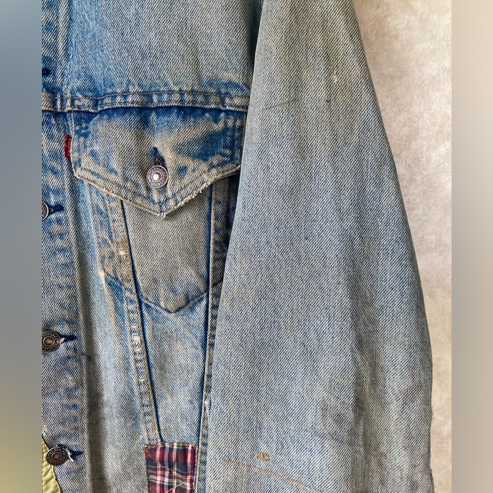 Vintage 70s 80s Levis OOAK Zig Zag Man Patchwork Denim Trucker Jacket Smoker - Picture 4 of 16